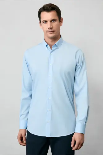 Long Sleeve Regular Fit Non Iron Cotton Button-Down Collar Shirt-Light Blue - 3