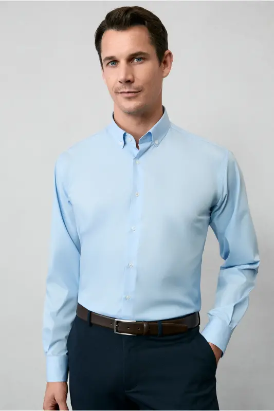 Long Sleeve Regular Fit Non Iron Cotton Button-Down Collar Shirt-Light Blue - 4