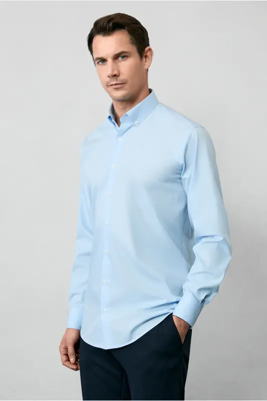 Long Sleeve Regular Fit Non Iron Cotton Button-Down Collar Shirt-Light Blue - 6