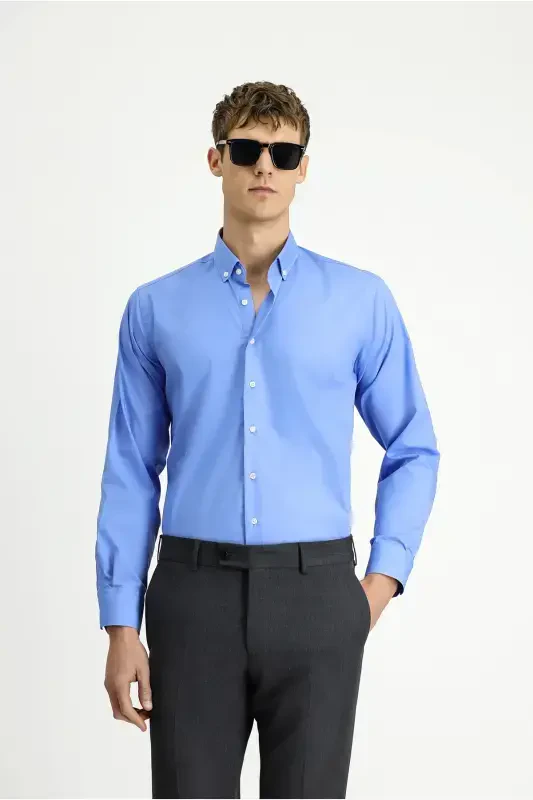 Long Sleeve Regular Fit Non Iron Cotton Button-Down Shirt - Aqua Blue - 3