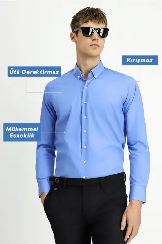 Long Sleeve Regular Fit Non Iron Cotton Button-Down Shirt - Aqua Blue 
