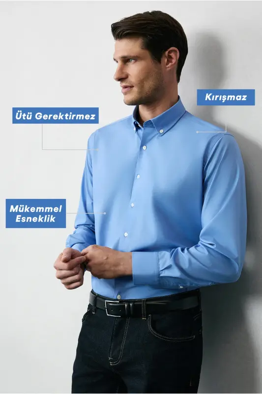 Long Sleeve Regular Fit Non Iron Cotton Button-Down Shirt - Aqua Blue - 1