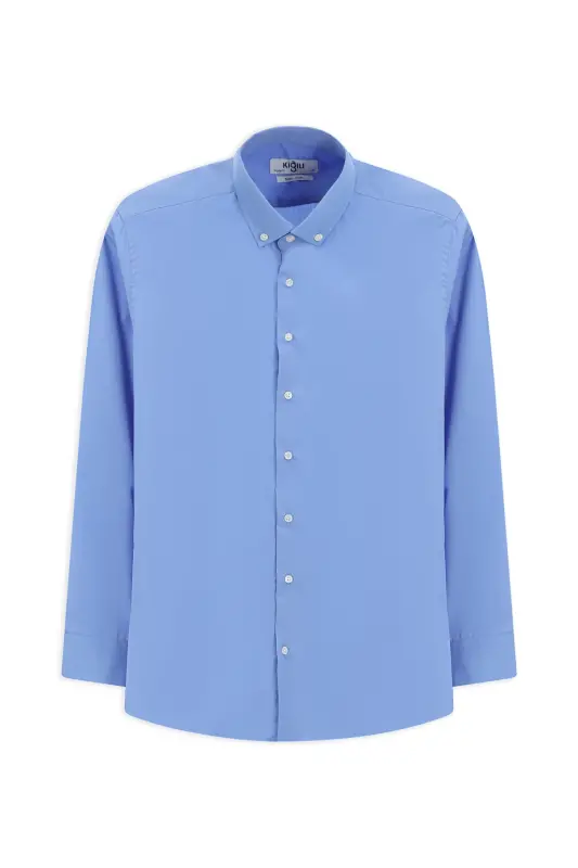 Long Sleeve Regular Fit Non Iron Cotton Button-Down Shirt - Aqua Blue - 2