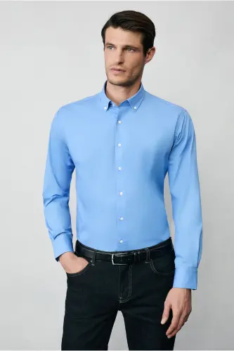 Long Sleeve Regular Fit Non Iron Cotton Button-Down Shirt - Aqua Blue - 4