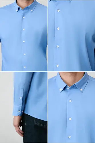 Long Sleeve Regular Fit Non Iron Cotton Button-Down Shirt - Aqua Blue - 6