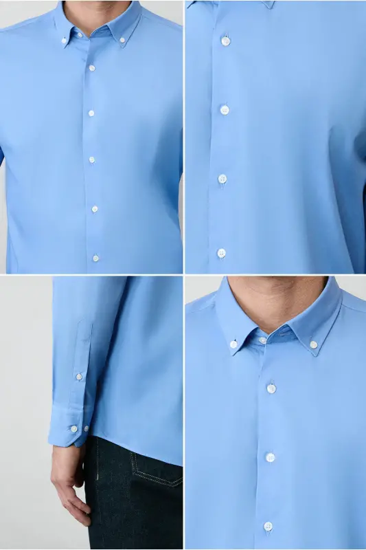 Long Sleeve Regular Fit Non Iron Cotton Button-Down Shirt - Aqua Blue - 6