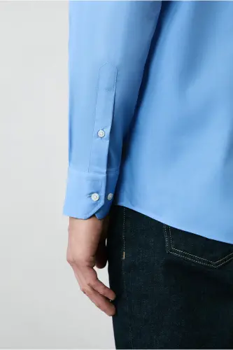 Long Sleeve Regular Fit Non Iron Cotton Button-Down Shirt - Aqua Blue - 7