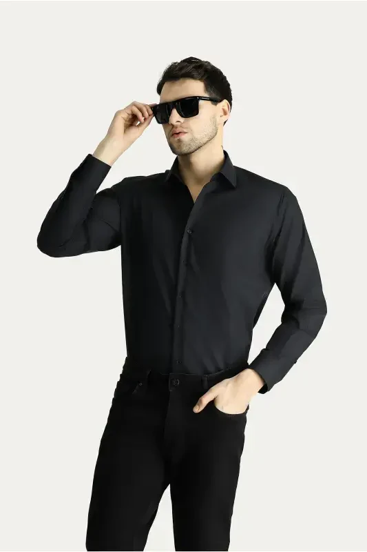 Long Sleeve Regular Fit Non Iron Wrinkle-Free Cotton Shirt-Black - 2