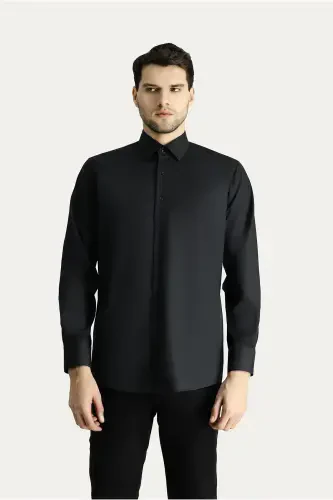 Long Sleeve Regular Fit Non Iron Wrinkle-Free Cotton Shirt-Black - 4
