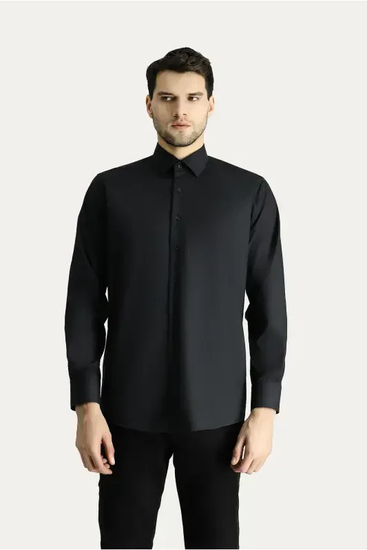 Long Sleeve Regular Fit Non Iron Wrinkle-Free Cotton Shirt-Black - 4