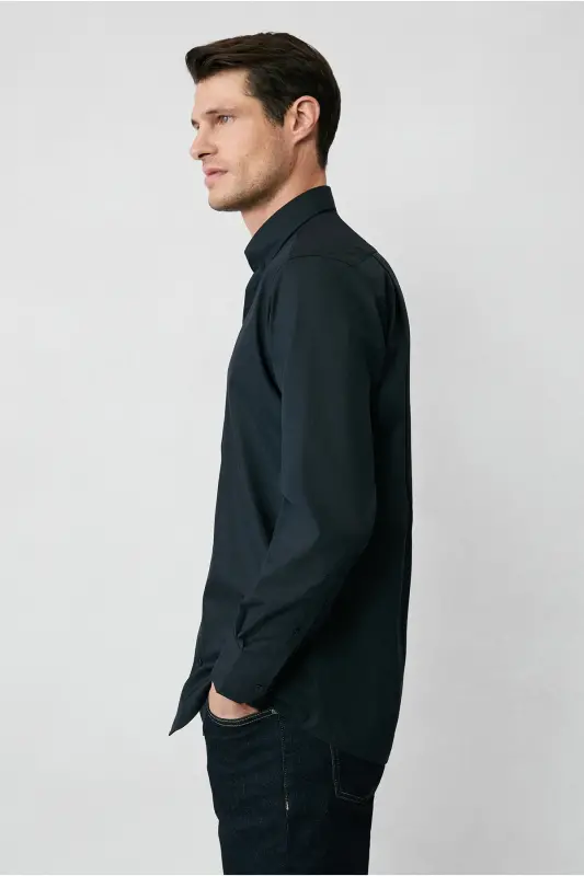 Long Sleeve Regular Fit Non Iron Wrinkle-Free Cotton Shirt-Black - 3