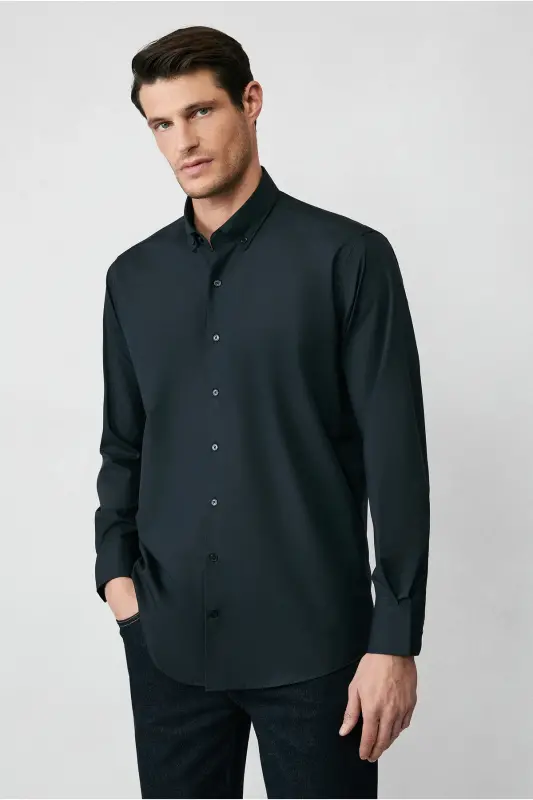 Long Sleeve Regular Fit Non Iron Wrinkle-Free Cotton Shirt-Black - 4