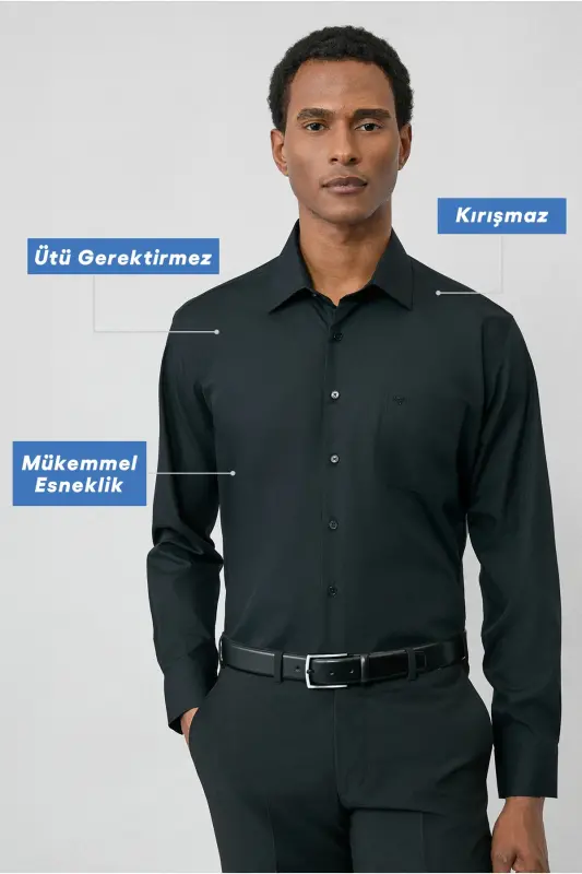 Long Sleeve Regular Fit Non Iron Wrinkle-Free Cotton Shirt-Black - KIĞILI