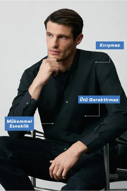 Long Sleeve Regular Fit Non Iron Wrinkle-Free Cotton Shirt-Black - 1