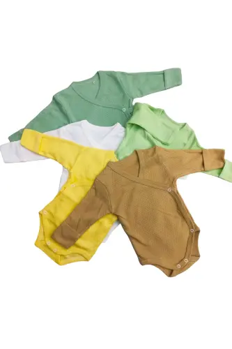 Long Sleeve Self Mitten Snap Bodysuit Crossover (5 Pack)-CREAM - 5