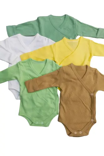 Long Sleeve Self Mitten Snap Bodysuit Crossover (5 Pack)-CREAM - 6