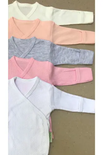 Long Sleeve Self Mitten Snap Bodysuit Crossover 5-Pack - Cream, Salmon, Gray, Pink, White - 5