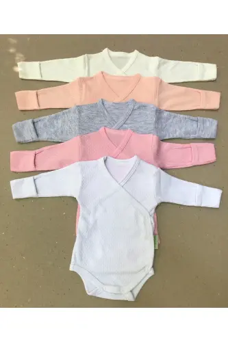 Long Sleeve Self Mitten Snap Bodysuit Crossover 5-Pack - Cream, Salmon, Gray, Pink, White - 6