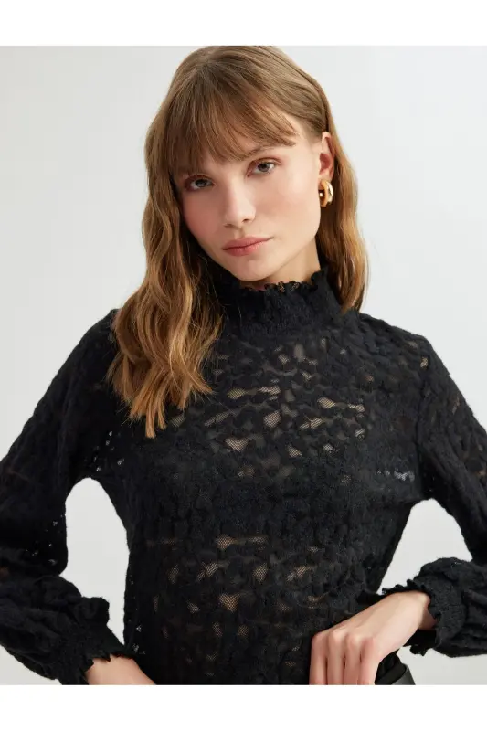Long Sleeve Semi-Sheer Lace Detail High Neck - KOTON