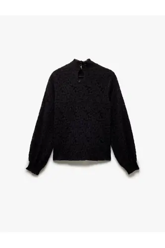 Long Sleeve Semi-Sheer Lace Detail High Neck - 4