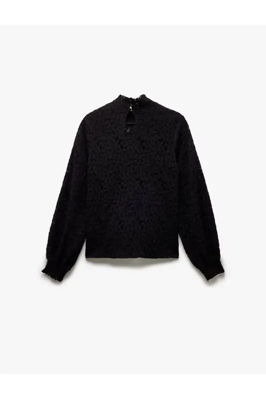 Long Sleeve Semi-Sheer Lace Detail High Neck - 4