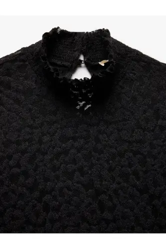 Long Sleeve Semi-Sheer Lace Detail High Neck - 5