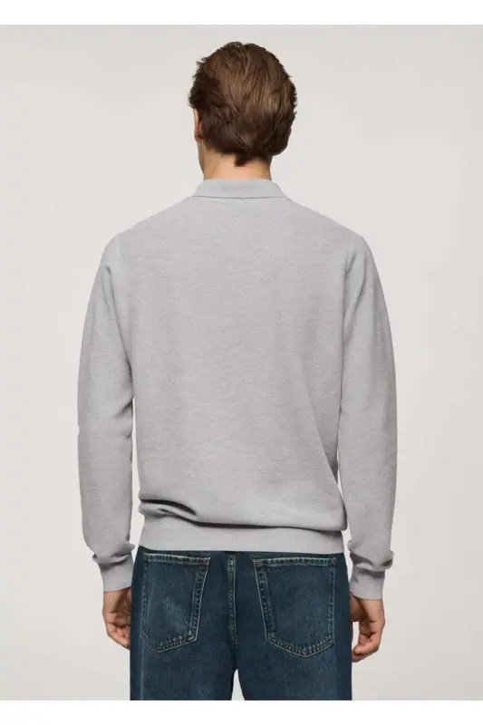 Long sleeve slim fit knit polo shirt-Mid Marl Grey - 4
