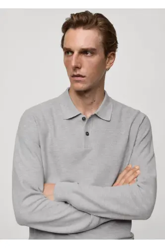 Long sleeve slim fit knit polo shirt-Mid Marl Grey - 8