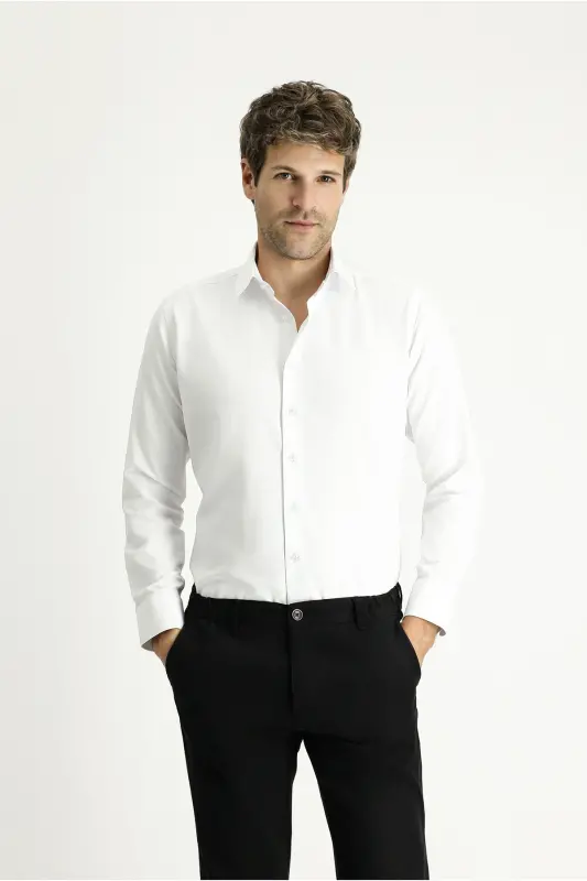 Long Sleeve Slim Fit Narrow Cut Classic Cotton Easy Iron Shirt - White - 1