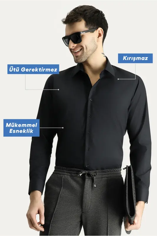 Long Sleeve Slim Fit Narrow Cut Non Iron Cotton Shirt - KIĞILI