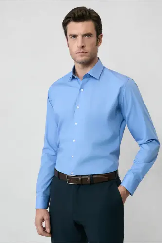 Long Sleeve Slim Fit Narrow Cut Non Iron Cotton Shirt-Aqua Blue - KIĞILI (1)