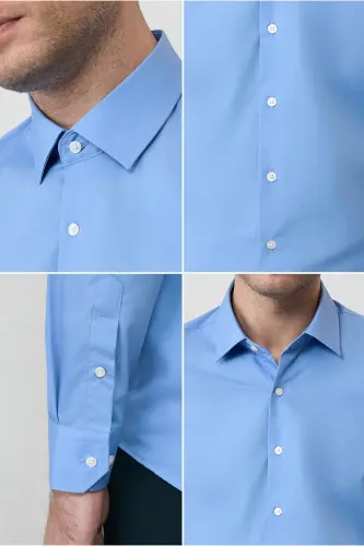 Long Sleeve Slim Fit Narrow Cut Non Iron Cotton Shirt-Aqua Blue - 4