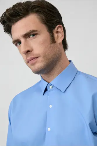 Long Sleeve Slim Fit Narrow Cut Non Iron Cotton Shirt-Aqua Blue - 5