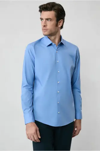 Long Sleeve Slim Fit Narrow Cut Non Iron Cotton Shirt-Aqua Blue - 7
