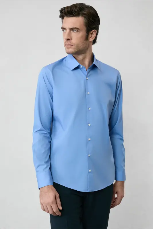 Long Sleeve Slim Fit Narrow Cut Non Iron Cotton Shirt-Aqua Blue - 7