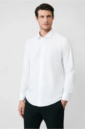 Long Sleeve Slim Fit Narrow Cut Non Iron Cotton Shirt-White - 3