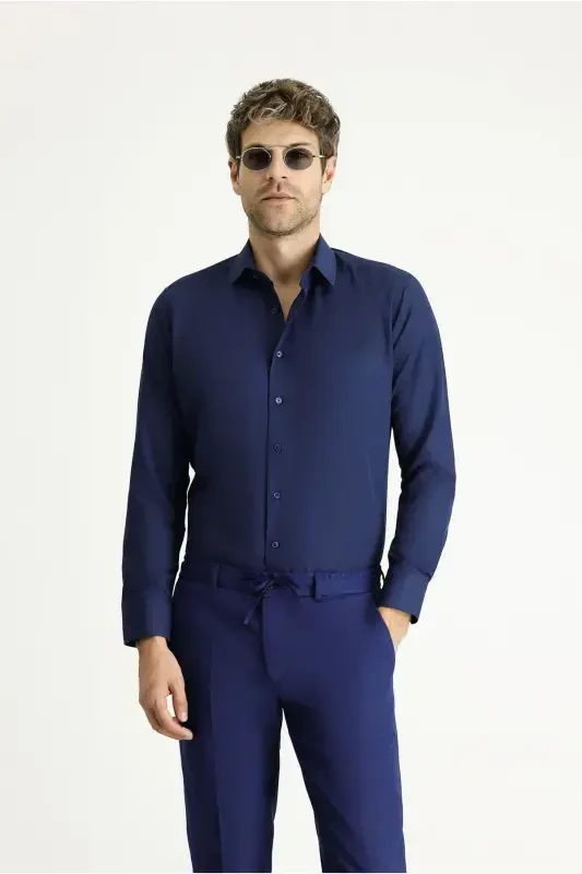 Long Sleeve Slim Fit Skinny Classic Cotton Shirt - KIĞILI