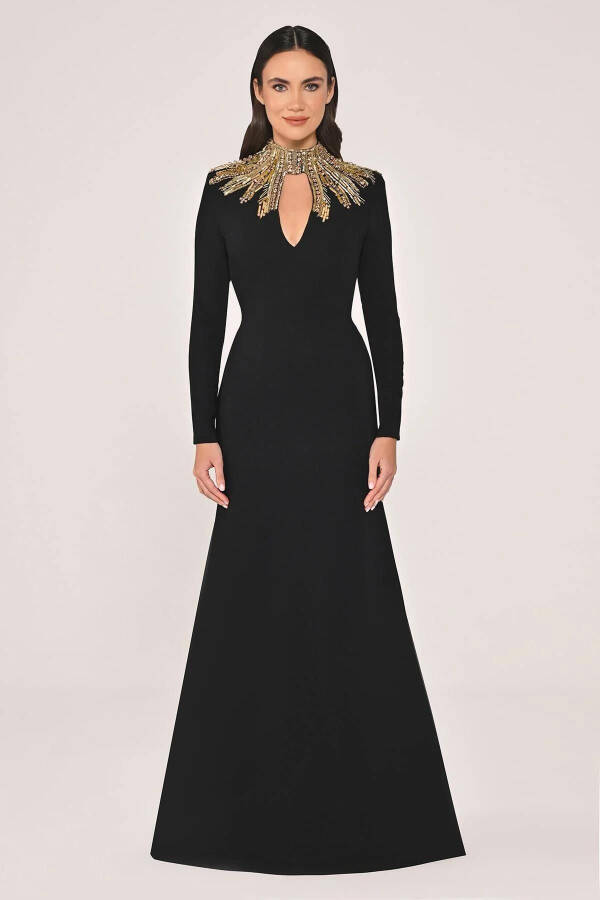Long Sleeve Top Detailed Backless Crepe Long Dress - 1