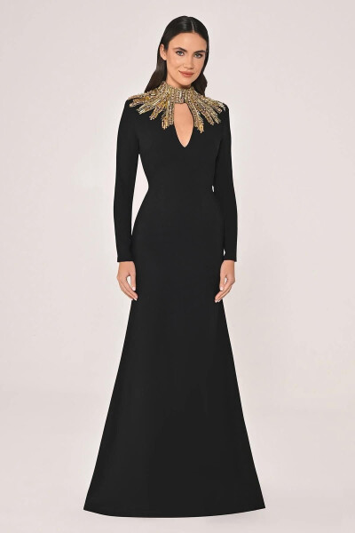 Long Sleeve Top Detailed Backless Crepe Long Dress - 2