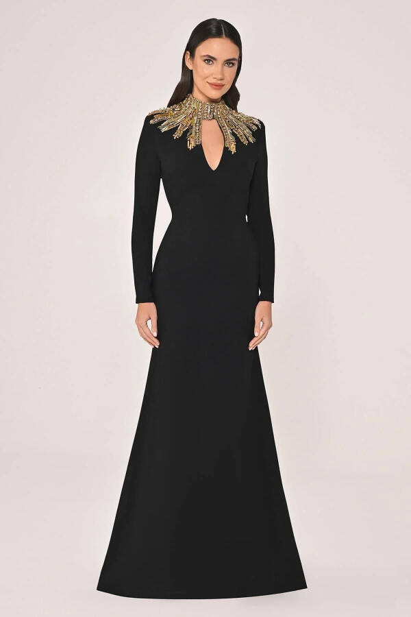 Long Sleeve Top Detailed Backless Crepe Long Dress - 2