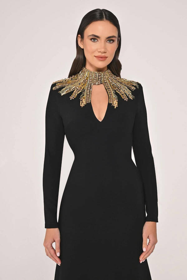 Long Sleeve Top Detailed Backless Crepe Long Dress - 3