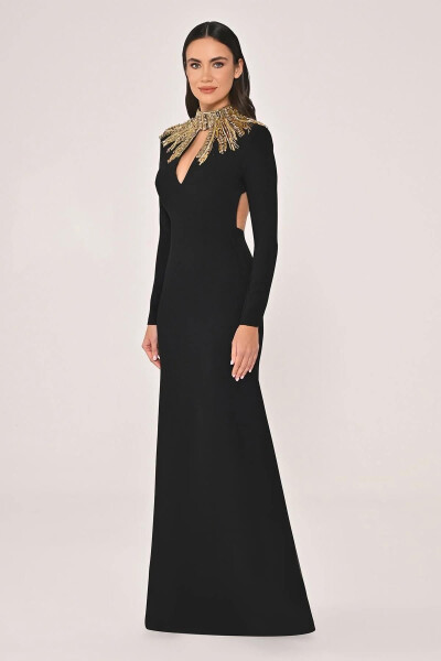Long Sleeve Top Detailed Backless Crepe Long Dress - 4