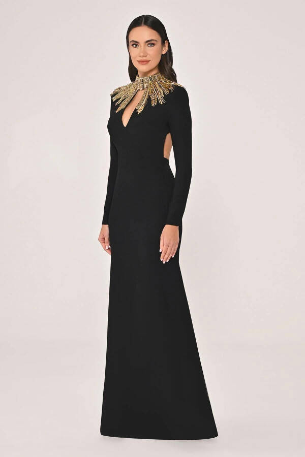 Long Sleeve Top Detailed Backless Crepe Long Dress - 4