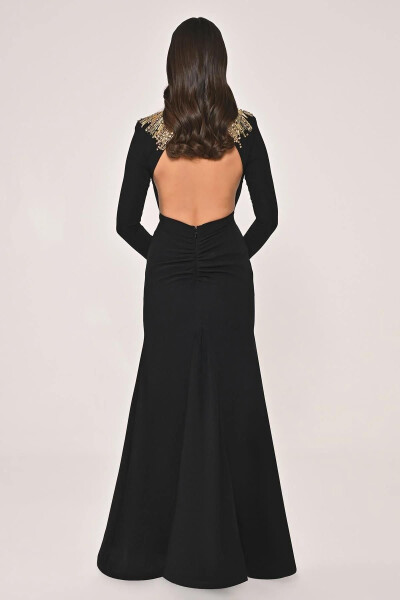 Long Sleeve Top Detailed Backless Crepe Long Dress - 5