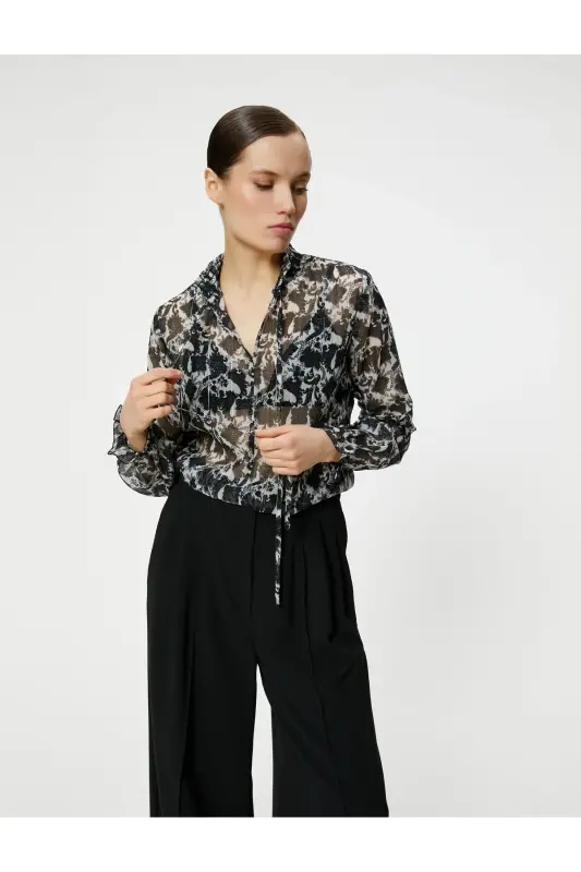 Long Sleeve Transparent Frill Detailed Mandarin Collar Glitter Blouse - 2