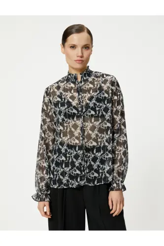 Long Sleeve Transparent Frill Detailed Mandarin Collar Glitter Blouse - 3