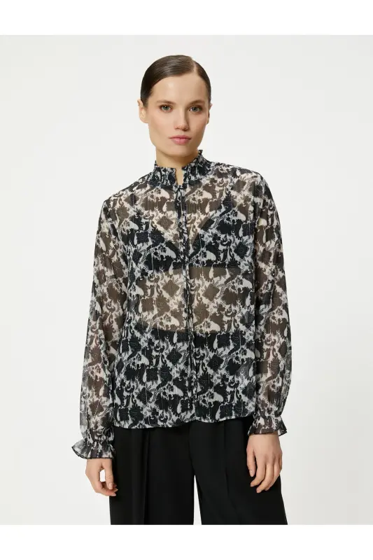 Long Sleeve Transparent Frill Detailed Mandarin Collar Glitter Blouse - 3