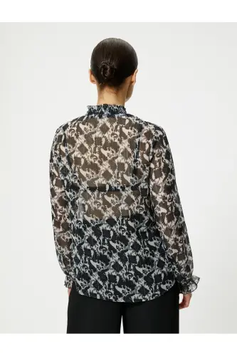 Long Sleeve Transparent Frill Detailed Mandarin Collar Glitter Blouse - 4