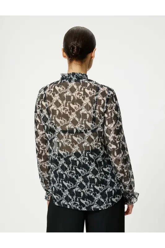 Long Sleeve Transparent Frill Detailed Mandarin Collar Glitter Blouse - 4