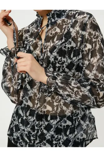 Long Sleeve Transparent Frill Detailed Mandarin Collar Glitter Blouse - 5